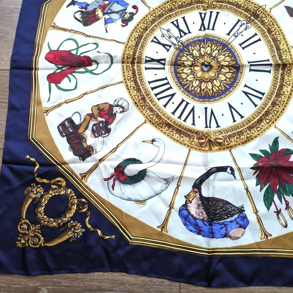 Echo for Talbots Silk Holiday Scarf 12 Days of Christmas Silk Clock Navy Blue